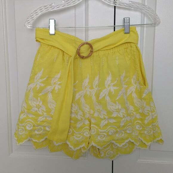 Anthro Place Nationale Yellow Linen Embroidered Shorts - Picture 3 of 11
